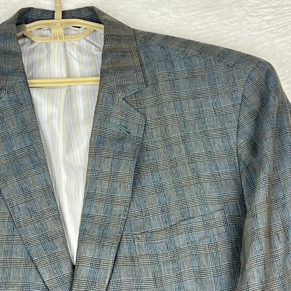 Flynt Sparrow‎ 44R Linen Blazer Gray Plaid Ticket Pocket Summer Sport Coat